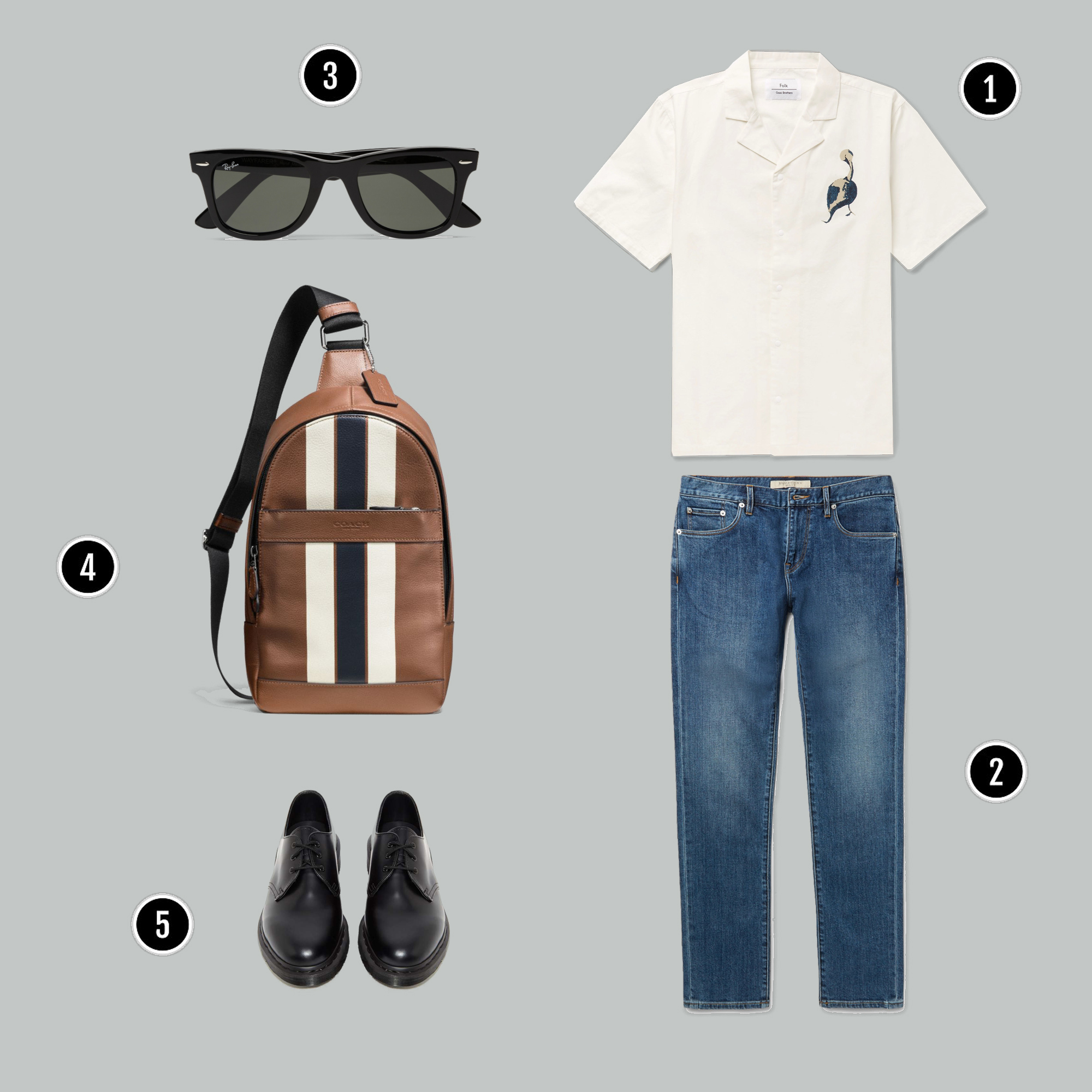 1. Áo sơmi : Folk / 2. Quần : Burberry / 3. Kính : Rayban / 4. Túi : Coach / 5. Giày : Dr Martens