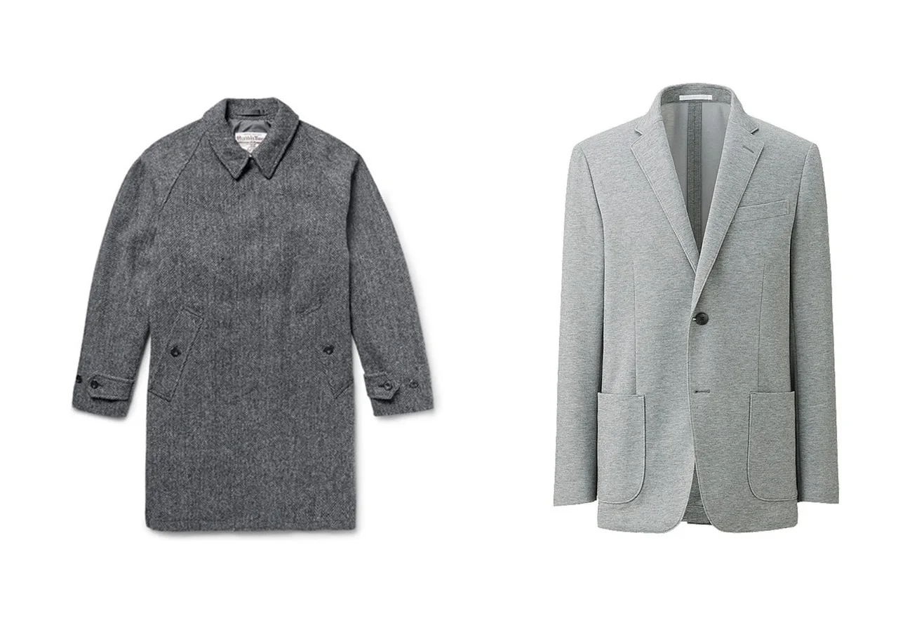 Áo blazer vẫn sẽ có đất diễn khi đi kèm với áo măng-tô ngoài. Trái: BEAMS PLUS Herringbone Harris Wool-Tweed Overcoat $670 Phải: UNIQLO - Blazer confort $60