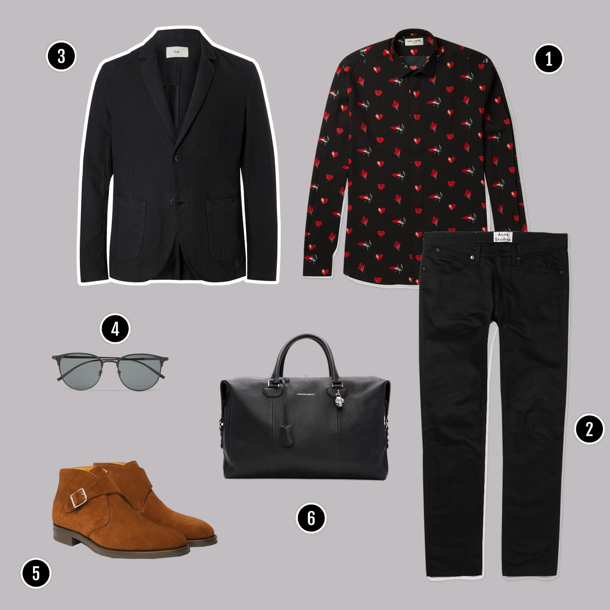 1. Áo: Saint Laurent / 2. Quần: Acne Studios / 3.Áo : Folk / 4.Kính : Saint Laurent / 5. Giày : Edward Green / 6. Túi : Alexander Mcqueen