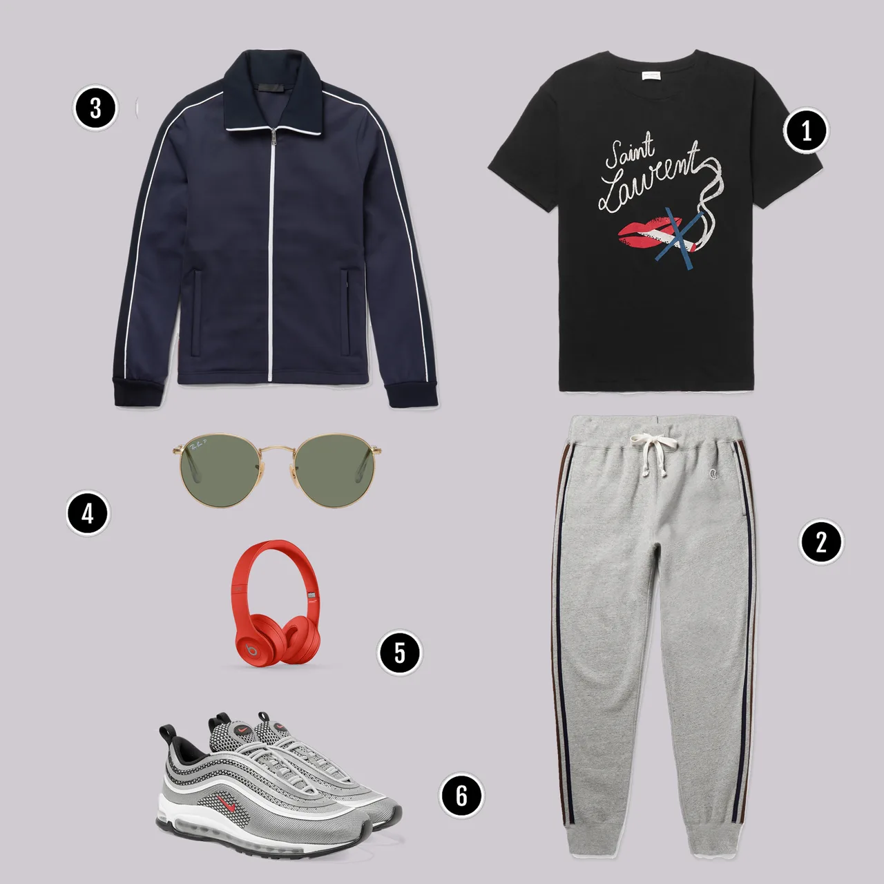 1. Áo: YSL / 2. Quần: Champion / 3. Áo: Prada/ 4. Kính: Rayban / 5. Tai nghe: Beats / 6. Giày: Nike