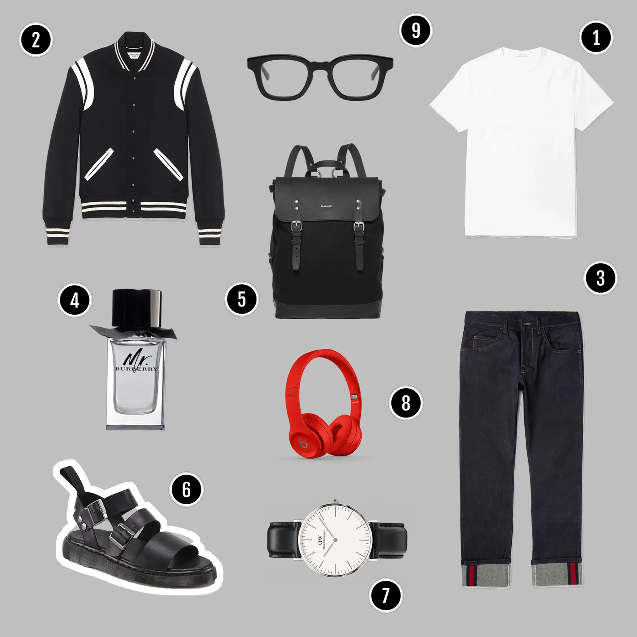 1.Áo thun : Acne Studios / 2.Áo khoác : Saint Laurent / 3.Quần : Gucci / 4.Nước hoa : Mr. Burberry / 5.Túi : Sanqvist / 6.Sandals : Dr.Martens / 7.Đồng hồ : DW / 8.Headphones : Beats / 9.Kính : Eyevan 7285