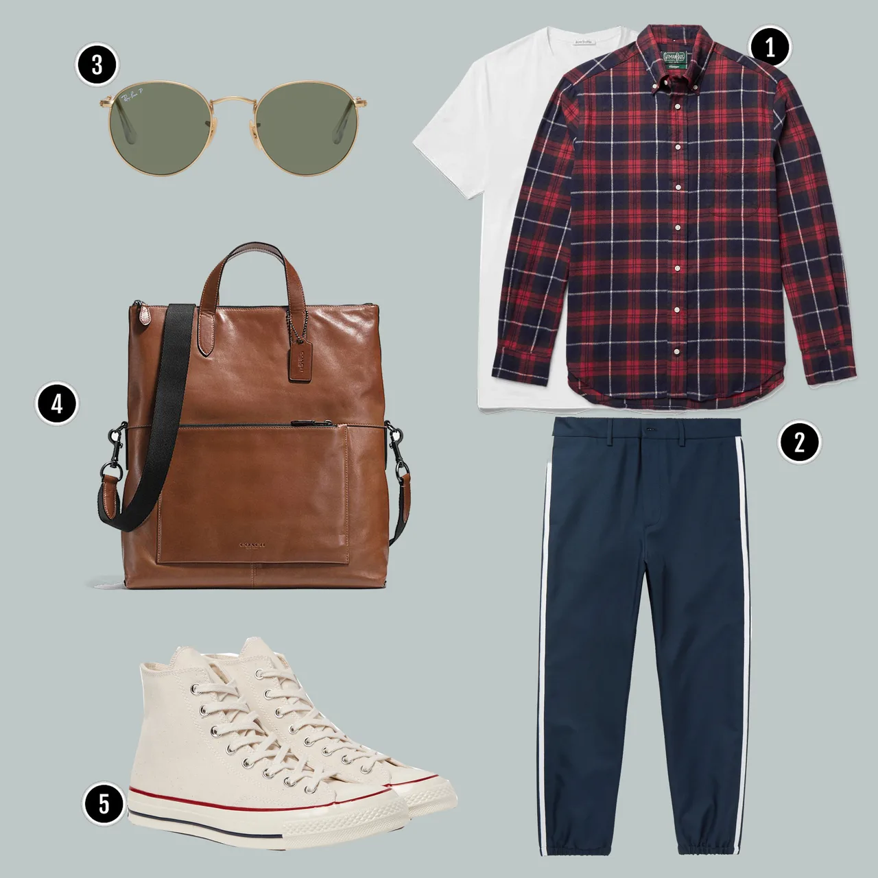1. Áo: GITMAN VINTAGE / 2. Quần: Gucci / 3. Kính: Rayban / 4. Áo: Coach / 5. Giày: Converse