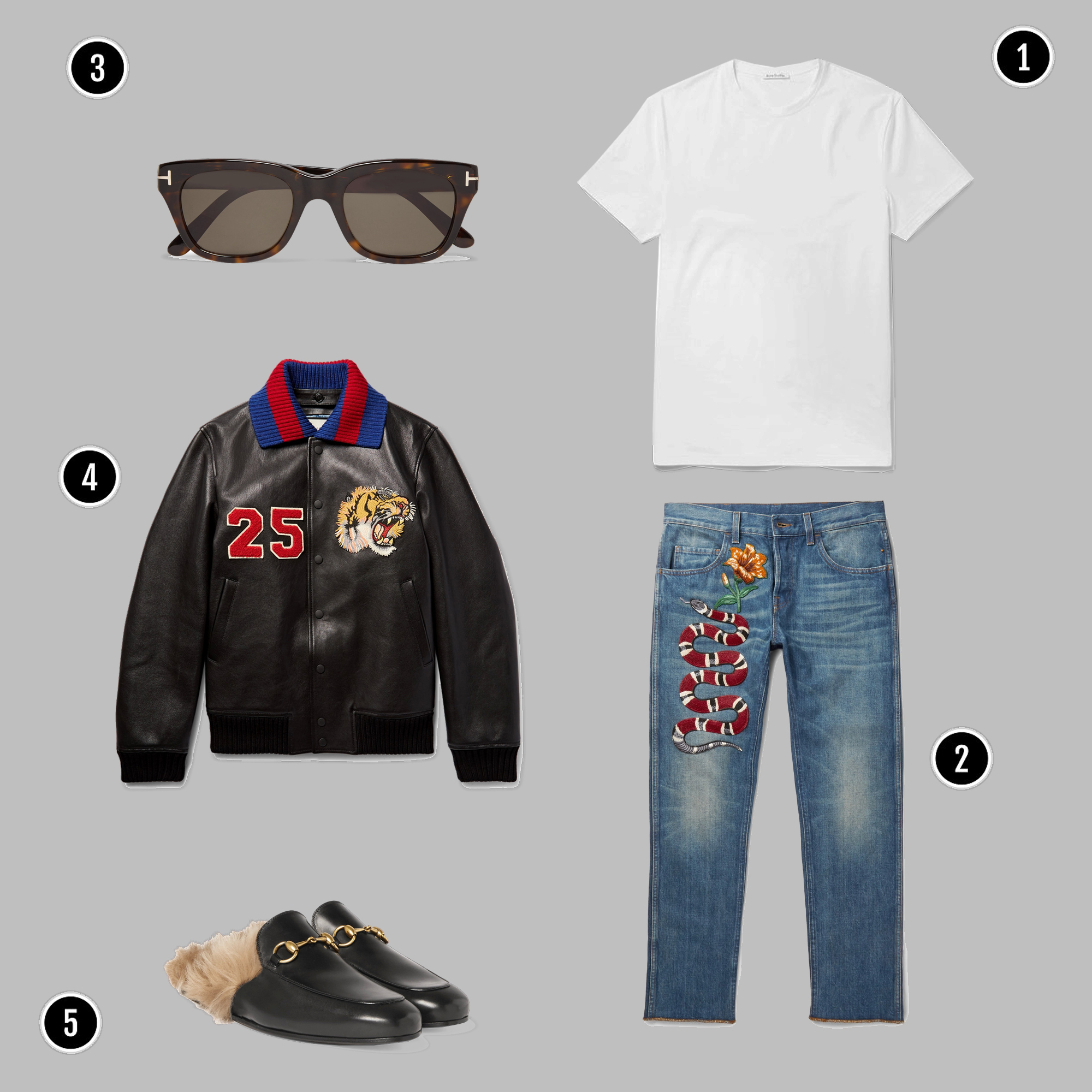 1. Áo: Acne / 2. Quần: Gucci/ 3. Kính: Tom Ford / 4. Áo: Gucci / 5. Giày: Gucci