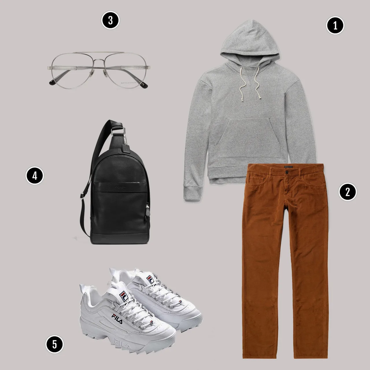 1. Áo: JOHN ELLIOTT / 2. Quần: Gucci / 3. Kính: Bottega veneta/ 4. Túi: Coach / 5. Giày: Fila