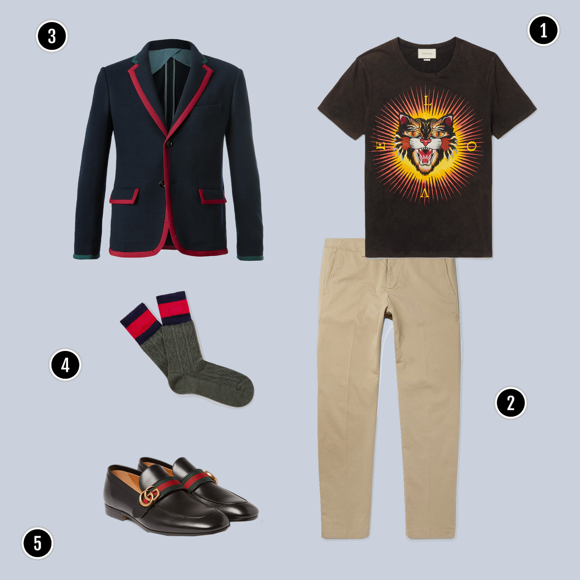 1. Áo: Gucci / 2. Quần: AMI / 3. Áo: Gucci / 4. Vớ: Gucci / 5. Giày: Gucci