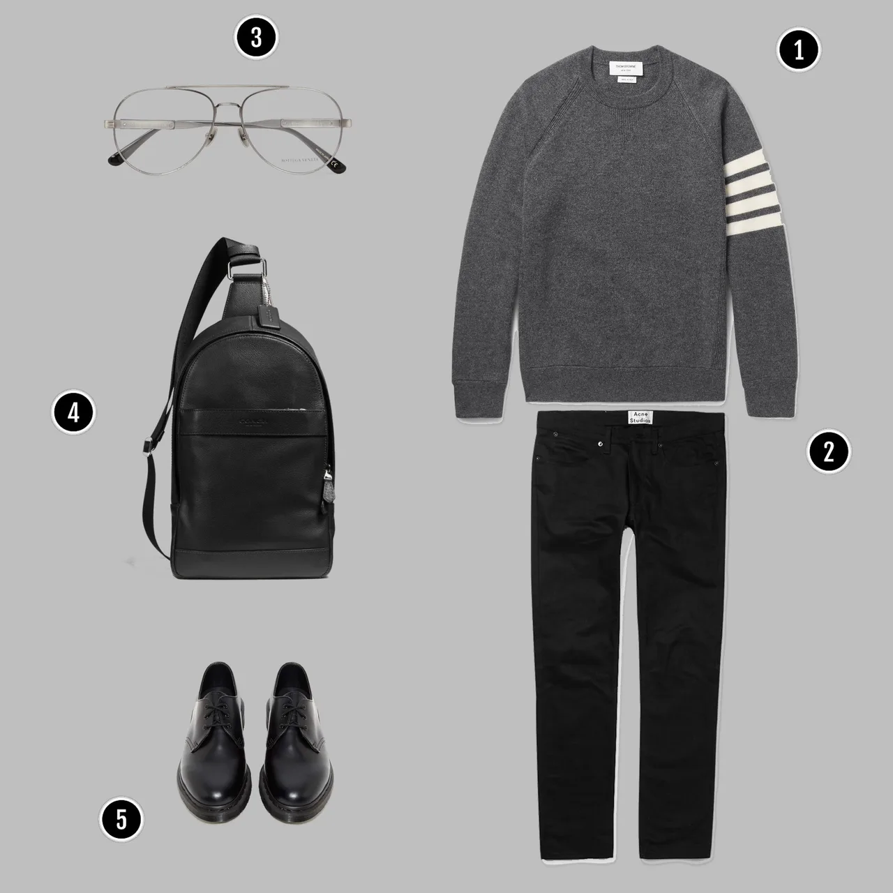 1. Áo: Thom Browne / 2. Quần: Acne / 3. Kính: Bottega veneta / 4. Túi: Coach / 5. Giày: Dr martens