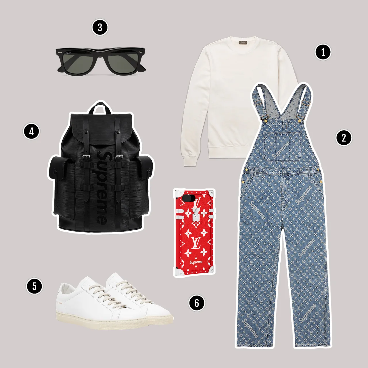 1.Áo : Berluti / 2. Overalls : Louis Vuitton x Supreme / 3. Kính : Rayban / 4. Túi : Louis Vuitton x Supreme / 5. Giày: Common Project / 6. Ốp điện thoại : Louis Vuitton x Supreme