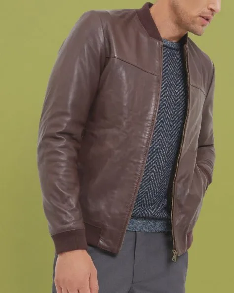 Áo da nam Ted Baker London Trim Fit Leather Bomber Jacket in Dark Red