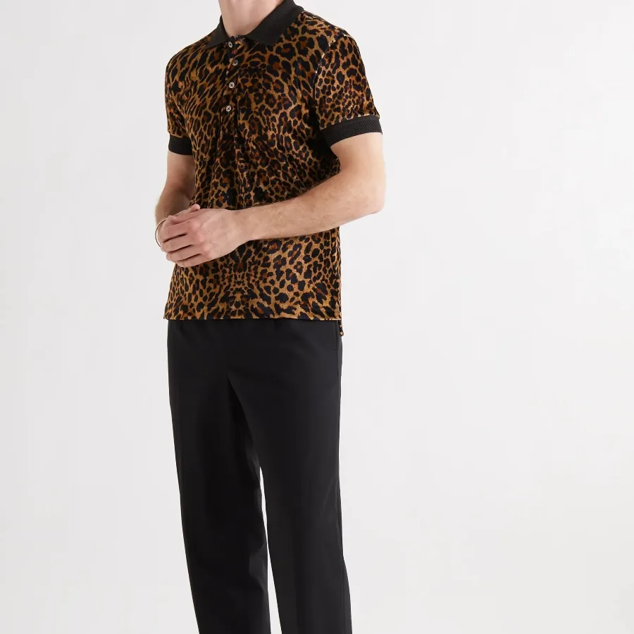 Leopard-Print Velour Polo Shirt áo polo