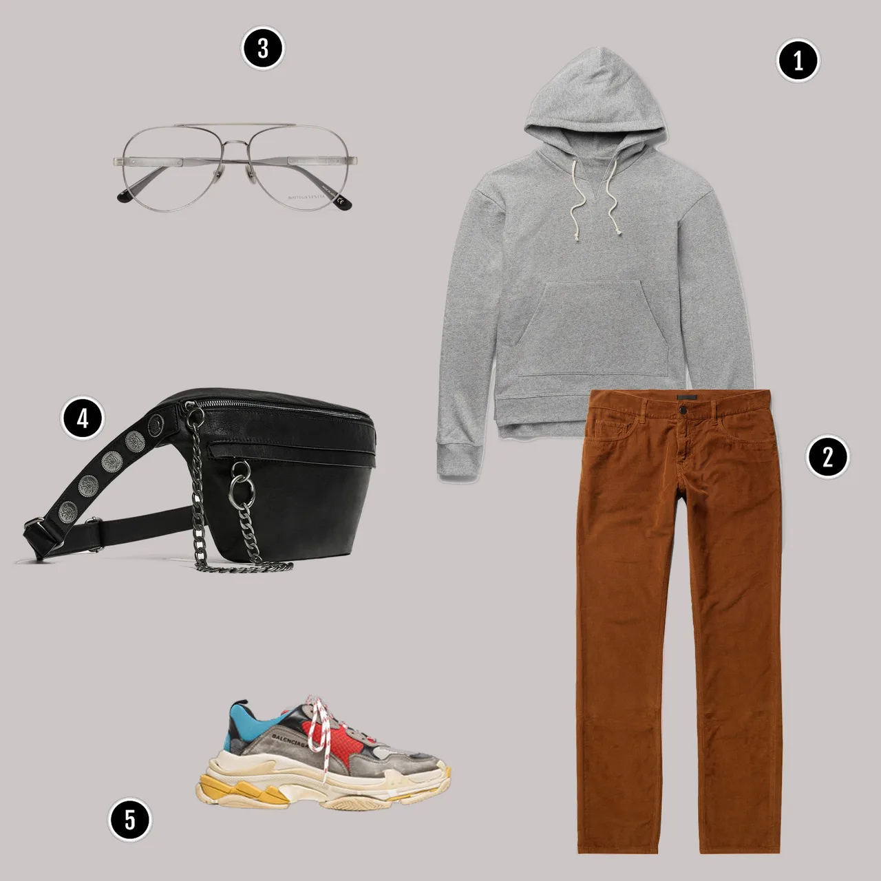 1. Áo: JOHN ELLIOTT / 2. Quần: Acne / 3. Kính: Bottega veneta / 4. Túi: Zara / 5. Giày: Balenciaga