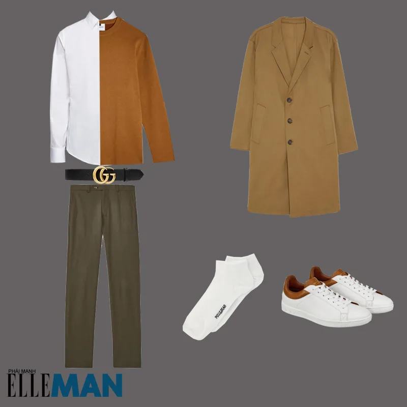 outfit 1 - cách phối trang phục màu nâu đất có áo trench coat