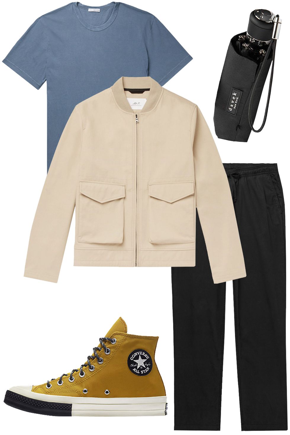 1. Áo khoác blouson của Mr P ($455) 2. Áo thun James Perse ($60) 3. Quần dây rút Save Khaki United ( $120) 4. Giày Converse ($90)