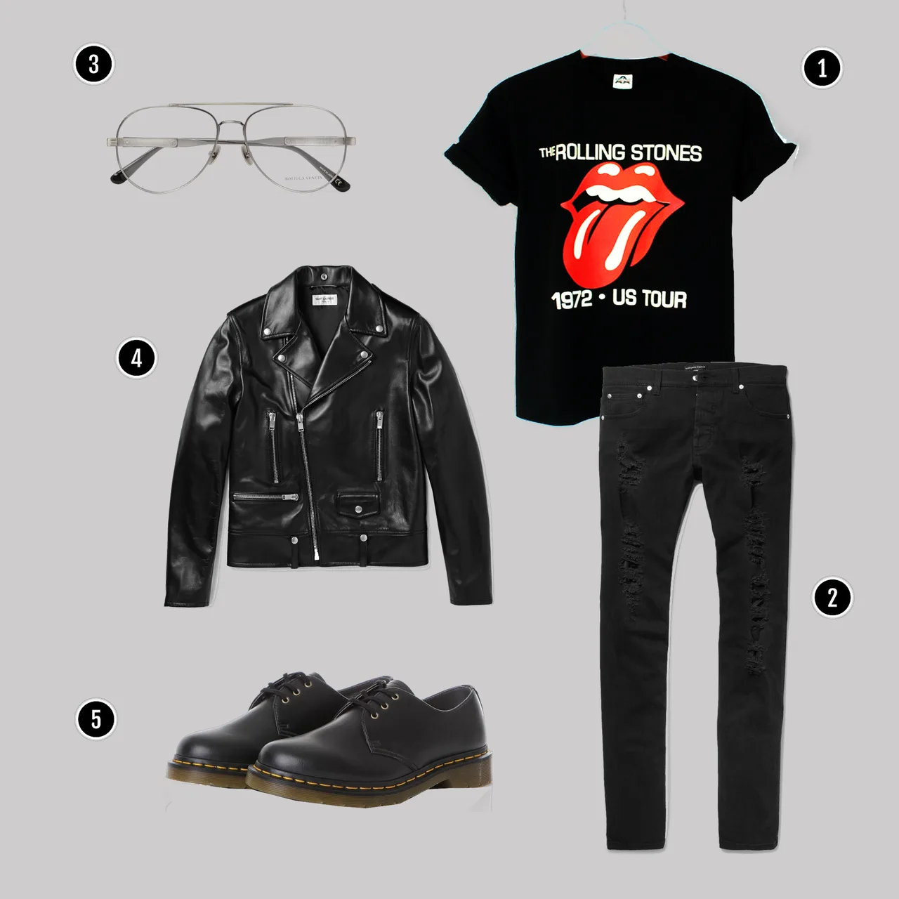 1. Áo: Vintage / 2. Quần: Alexander Mcqueen/ 3. Kính: Bottega veneta / 4. Áo: YSL / 5. Giày: Dr. Martens