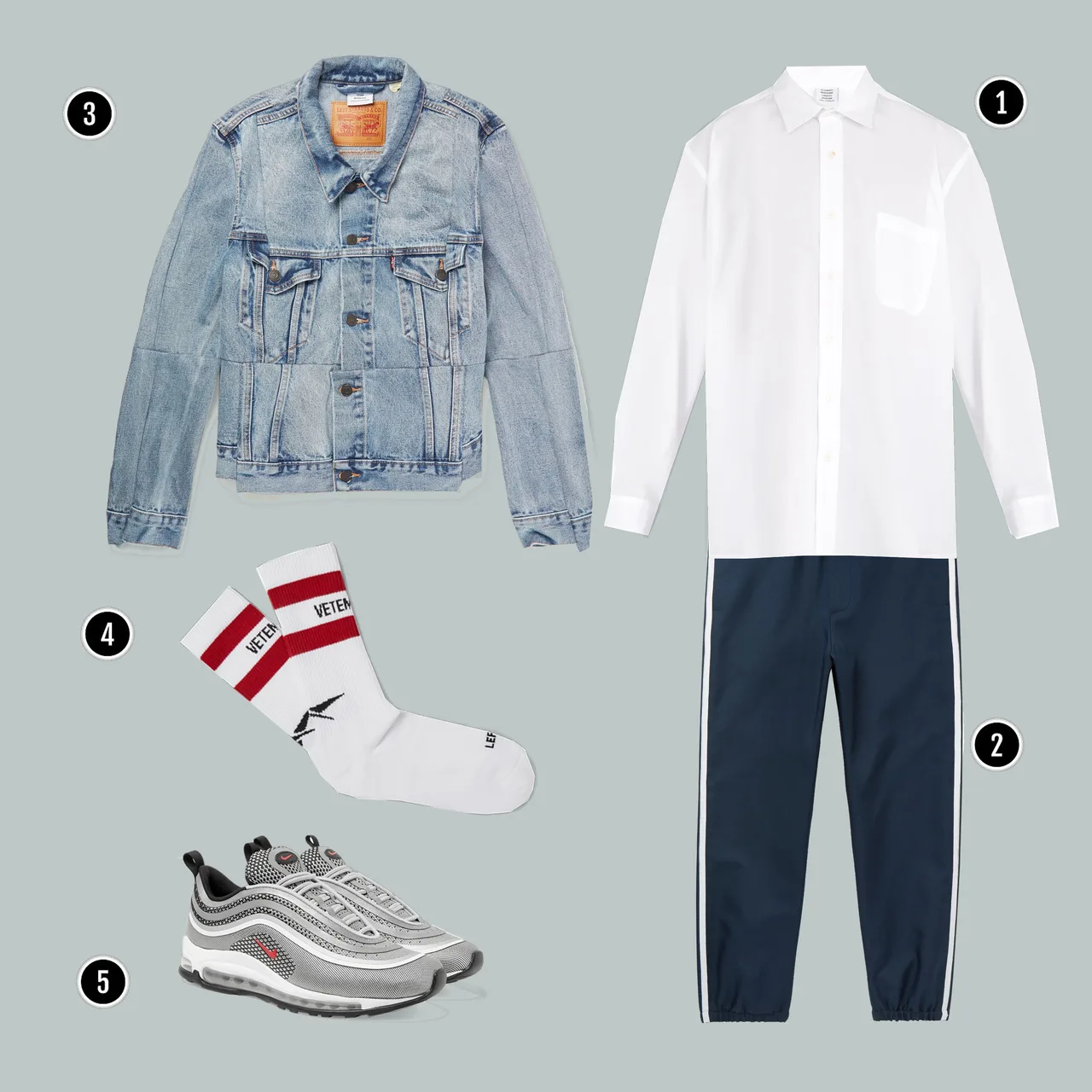 1. Áo: Vetements/ 2. Quần: Gucci/ 3. Áo: Vetements / 4. Tất: Vetements / 5.Giày: Nike