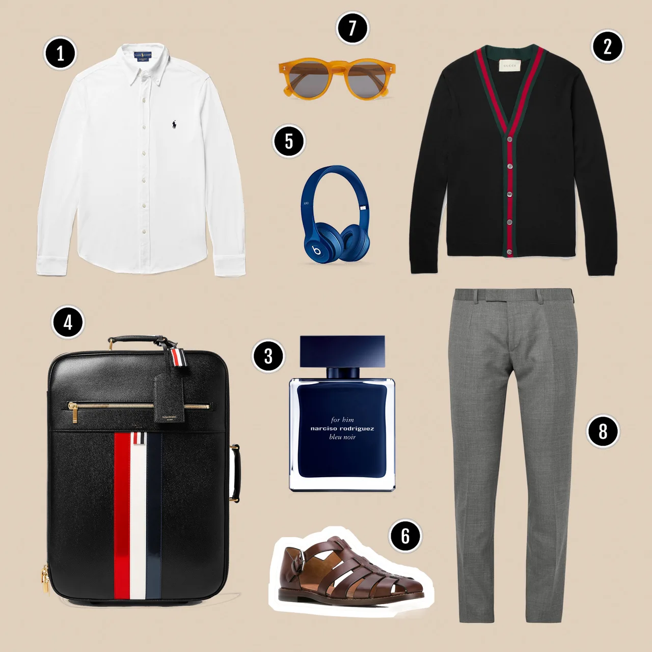 1.Áo oxford : Ralph Lauren / 2.Áo cardigan : Gucci / 3.Nước hoa : Narciso Bleu Noir / 4.Vali : Thom Browne / 5.Headphones : Beats / 6.Sandals : Church's / 7.Kính : ILLESTEVA / 8.Quần : Dunhill