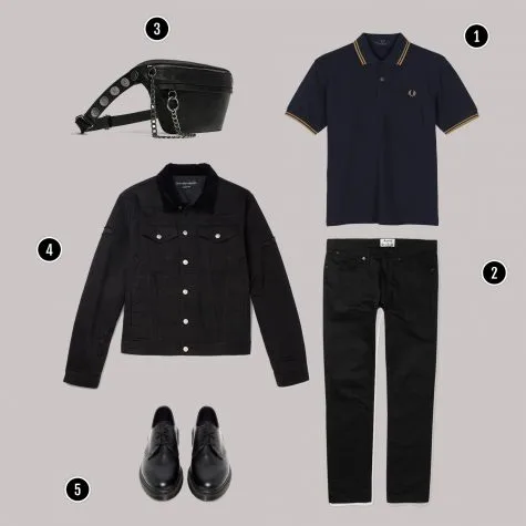 1. Áo: Fred Perry / 2. Quần: Acne / 3. Kính: Rayban / 4. Áo: Alexander Mcqueen/ 5. Giày: Dr Martens