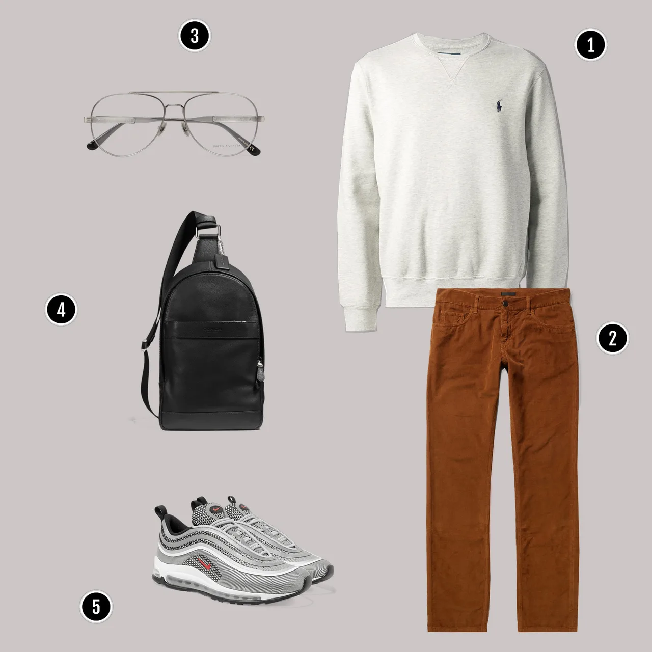 1. Áo: Ralph Laurent / 2. Quần: Gucci/ 3. Kính: Bottega veneta/ 4. Túi: Coach / 5. Giày: Nike