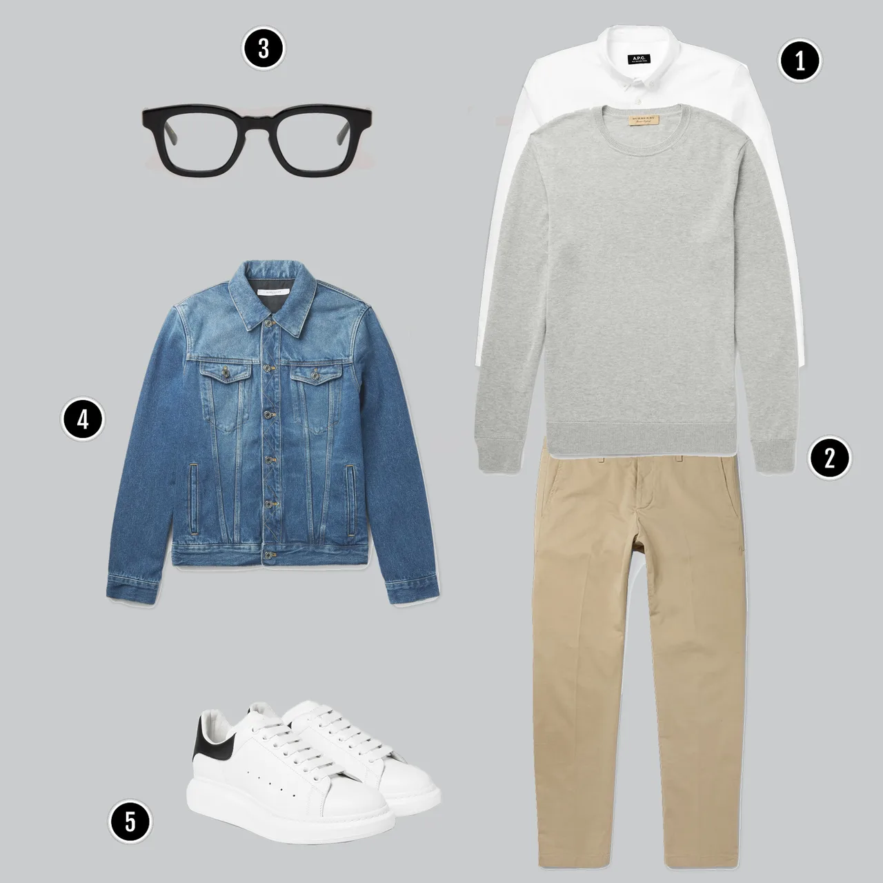 1. Áo: Burberry / 2. Quần: AMI / 3. Áo: Givenchy/ 4. Kính: Eyewear 2785 / 5. Giày: Alexander Mcqueen