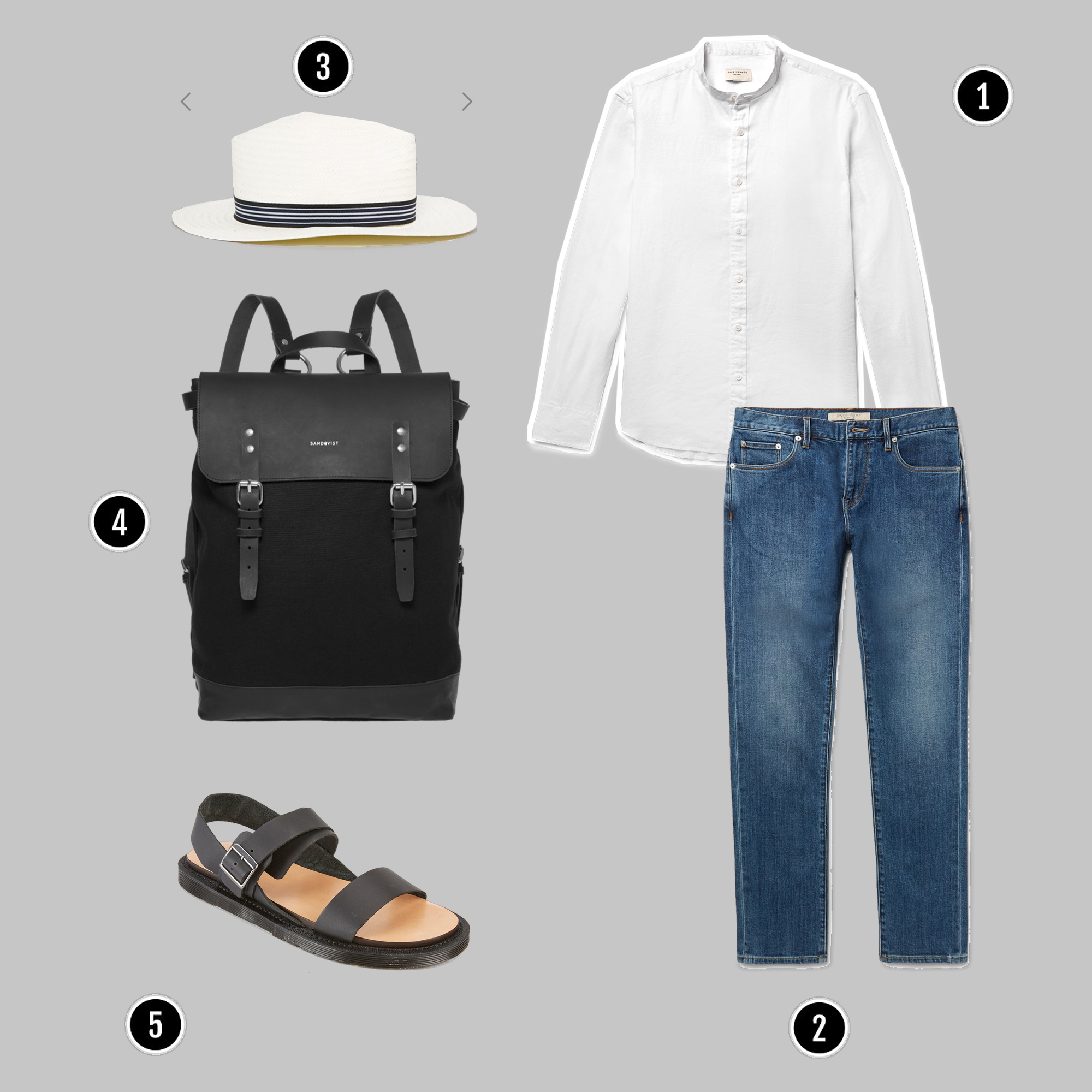 1. Áo sơmi : Club Monaco / 2. Quần : Burberry / 3. Mũ : Asos / 4. Túi : Sandqvist / 5. Sandals : Dr Martens