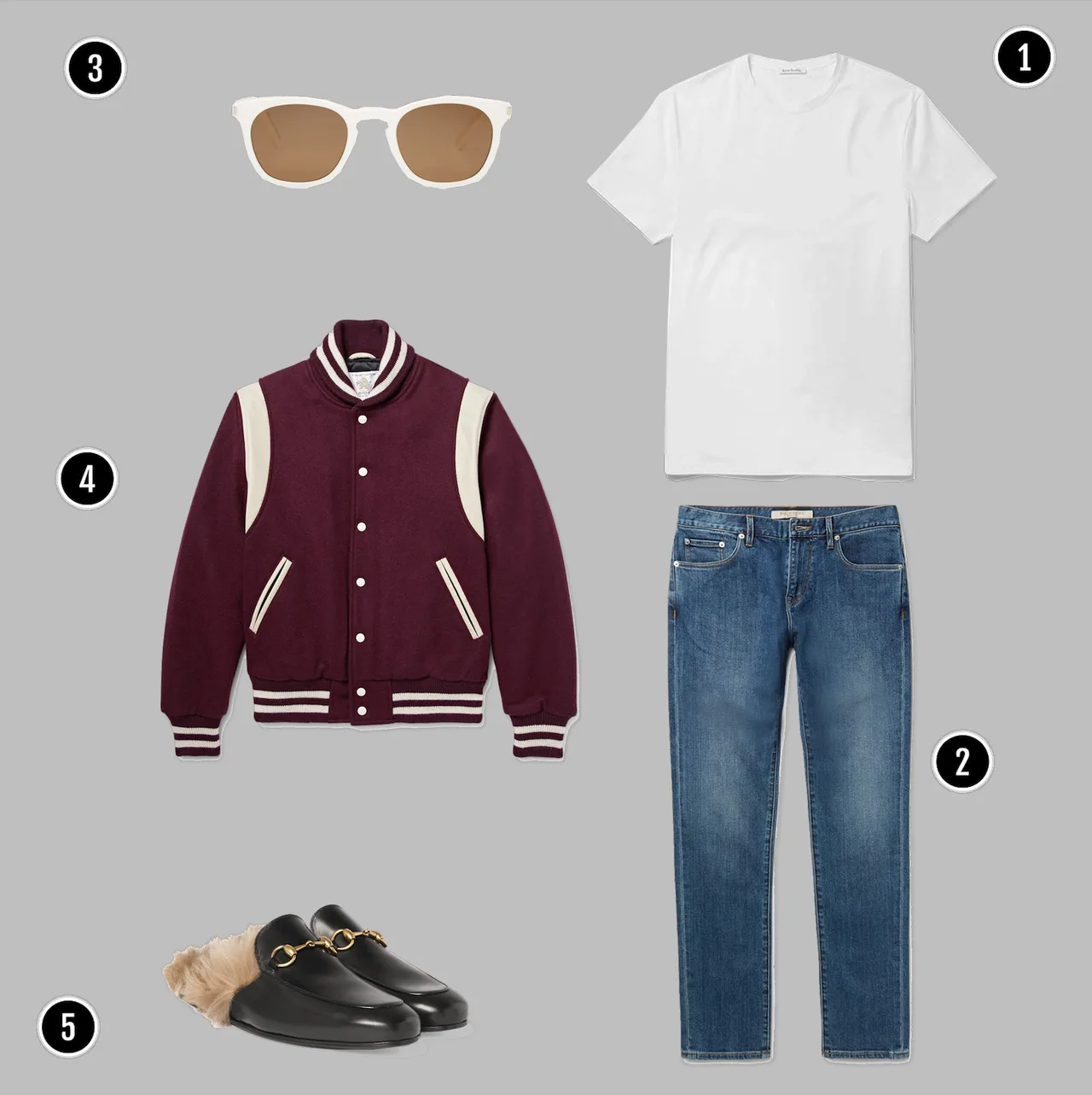 1. Áo: Acne/ 2. Quần: Burberry/ 3. Kính: YSL / 4. Áo: Golden Bear / 5. Giày: Gucci