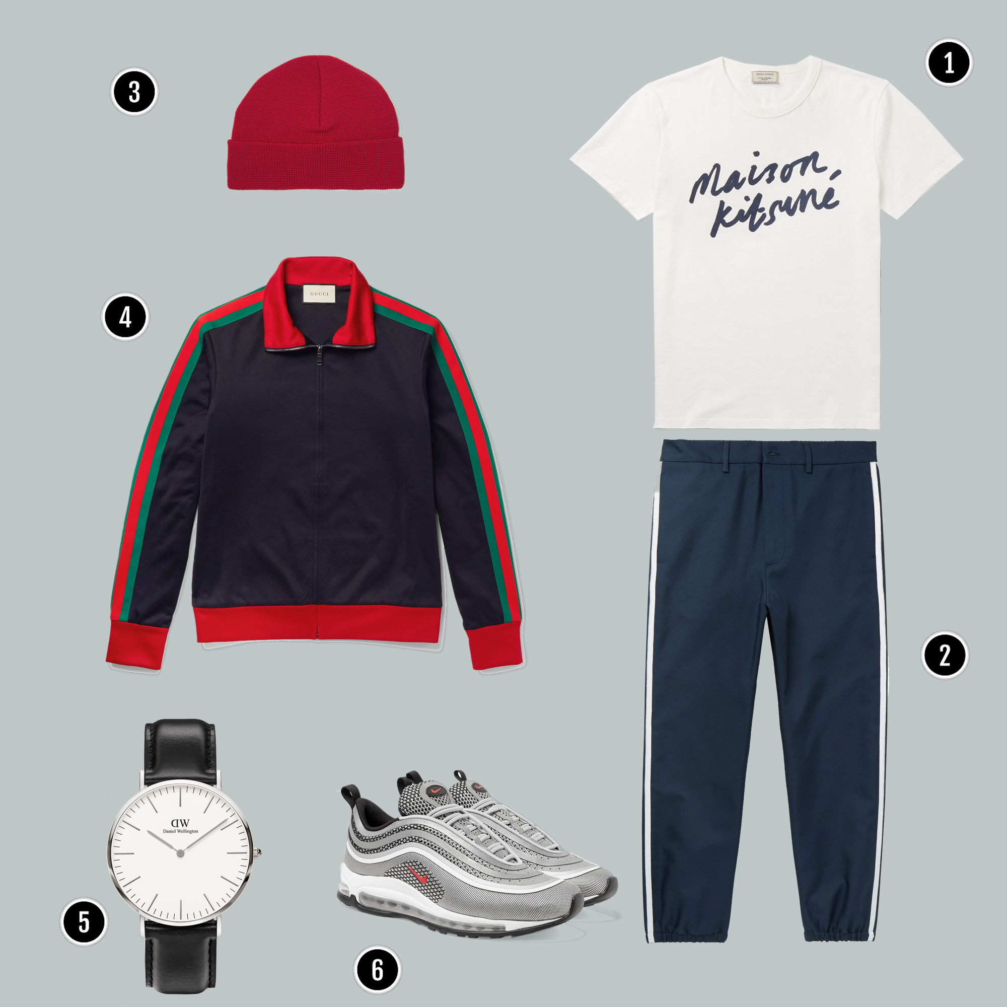 1. Áo: Maison Kisune / 2. Quần: Gucci / 3. Mũ: AMI / 4. Áo: Gucci / 5. Đồng hồ: DW / 6. Giày: NIke