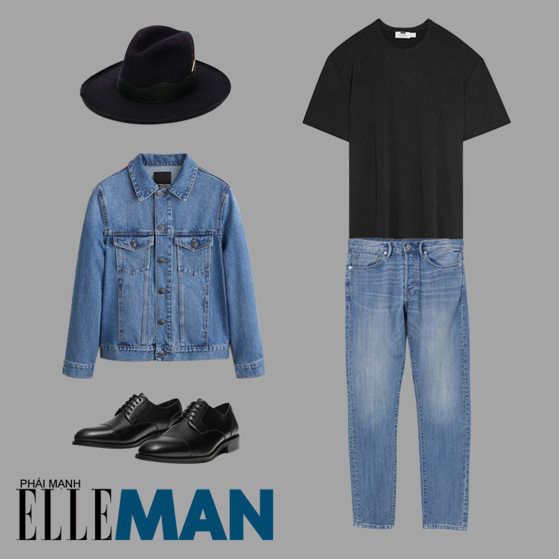 phối đồ cho đàn ông mập quần jean áo khoác jean mũ fedora