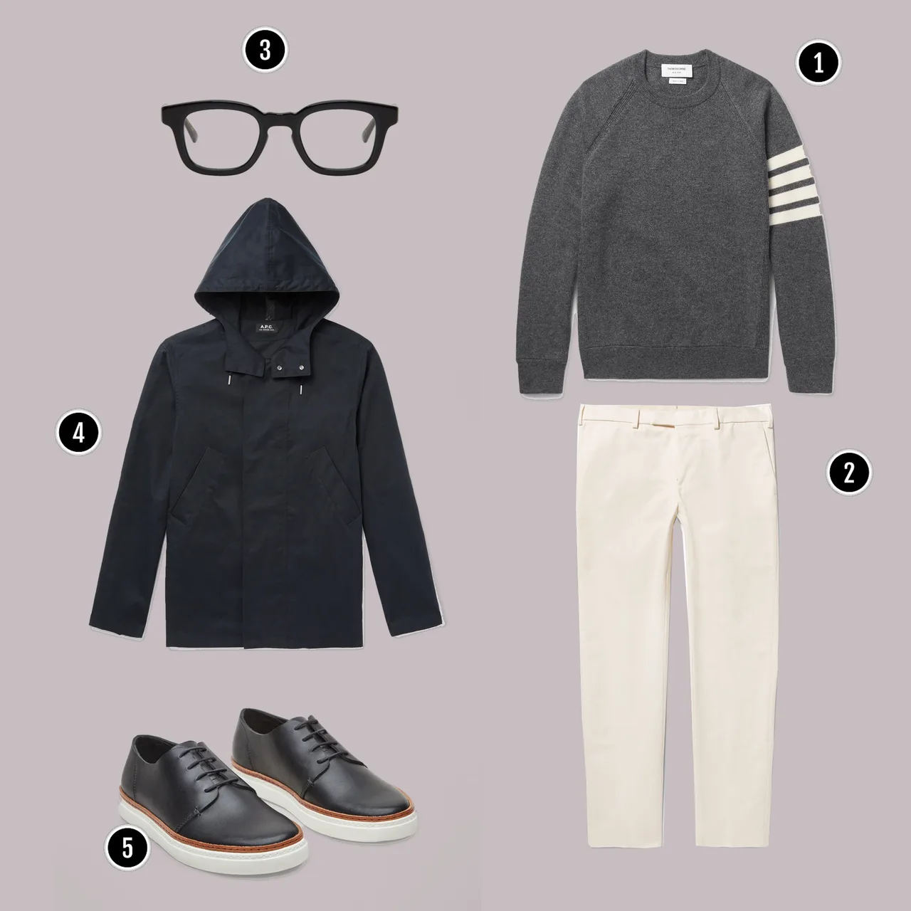 1. Áo: Thom Browne / 2. Quần: SALLE PRIVÉE/ 3. Kính: Eyevan 7285 / 4. Áo: APC / 5. Giày: COS