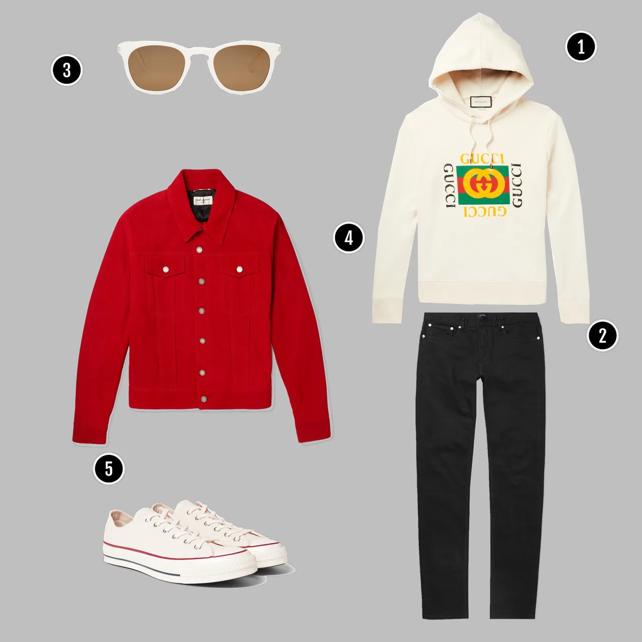 1. Áo: Gucci / 2. Quần: Acne / 3. Kính: YSL / 4. Áo: YSL / 5. Giày: Converse