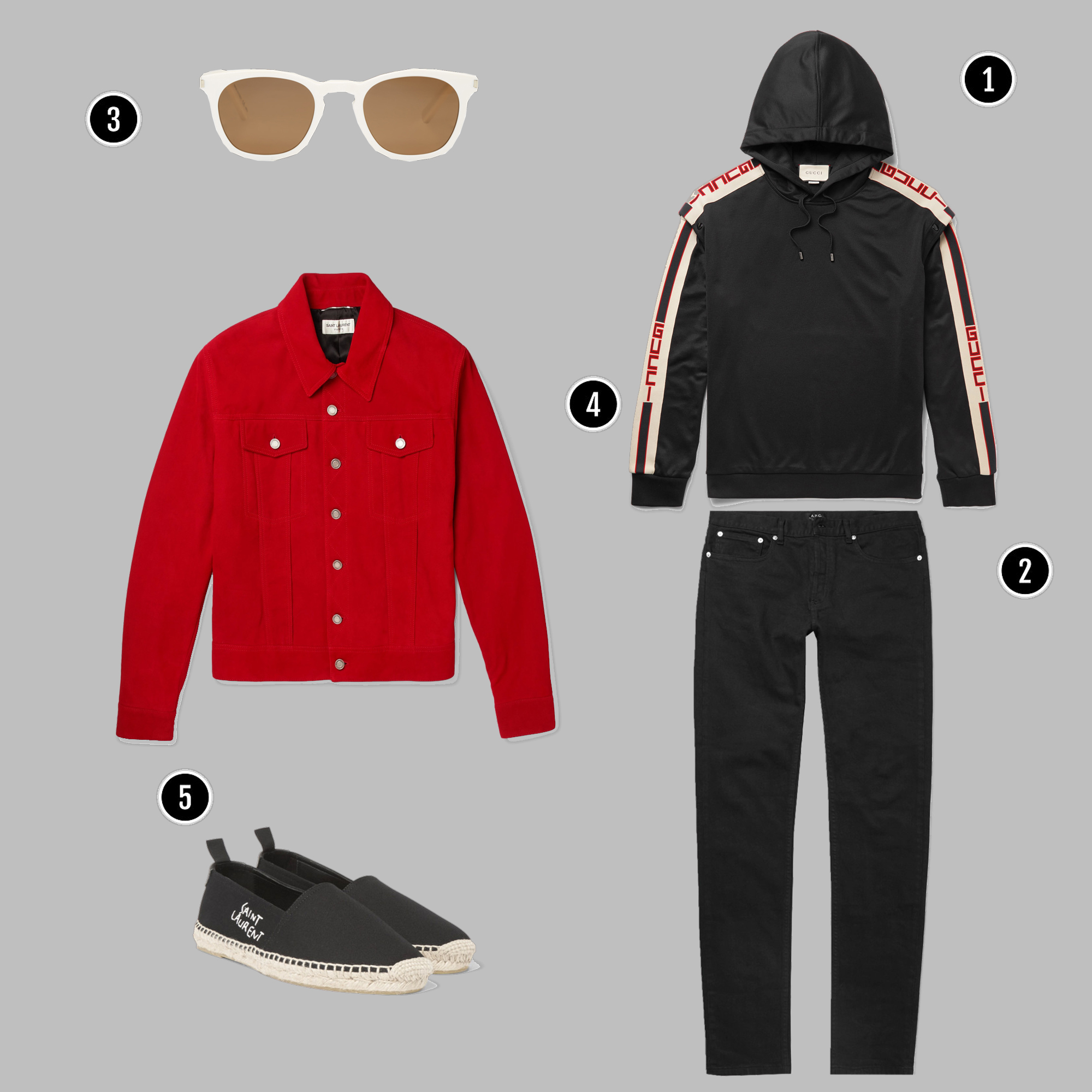 1. Áo: Gucci / 2. Quần: Acne/ 3. Kính: YSL/ 4. Áo: YSL / 5. Giày: YSL
