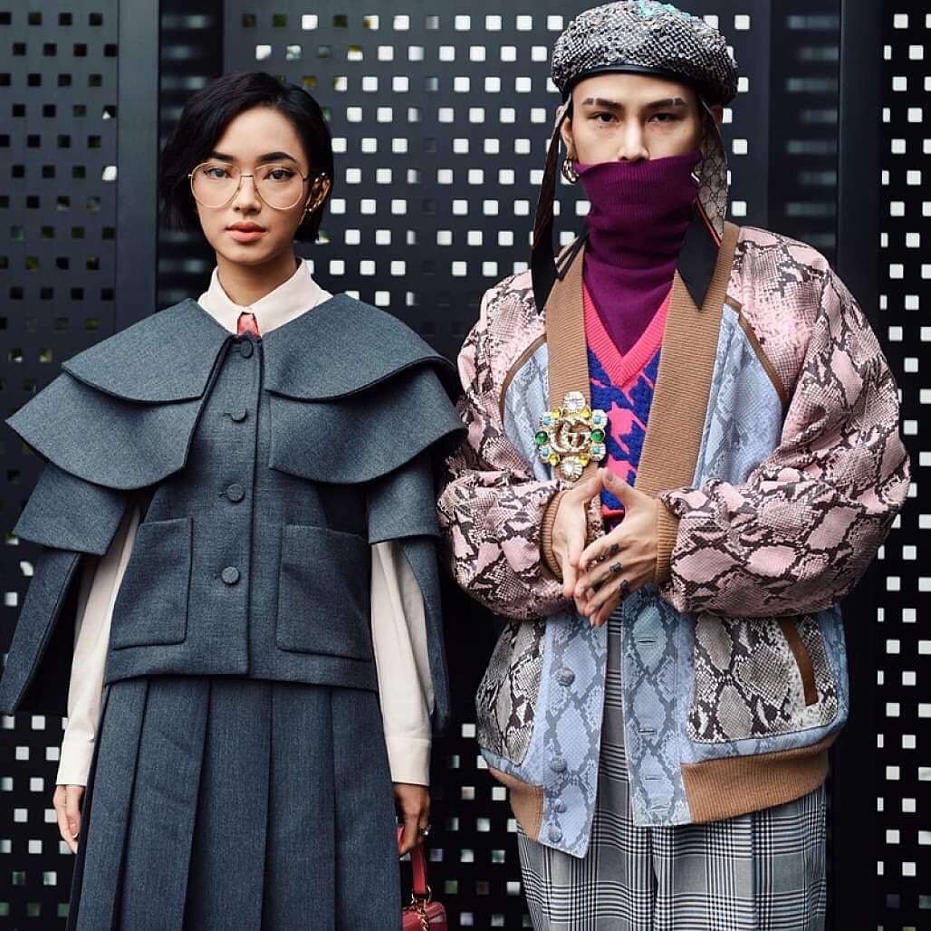 mũ beret nam trang phục của decao va châu bùi tại sàn diễn Gucci 2019