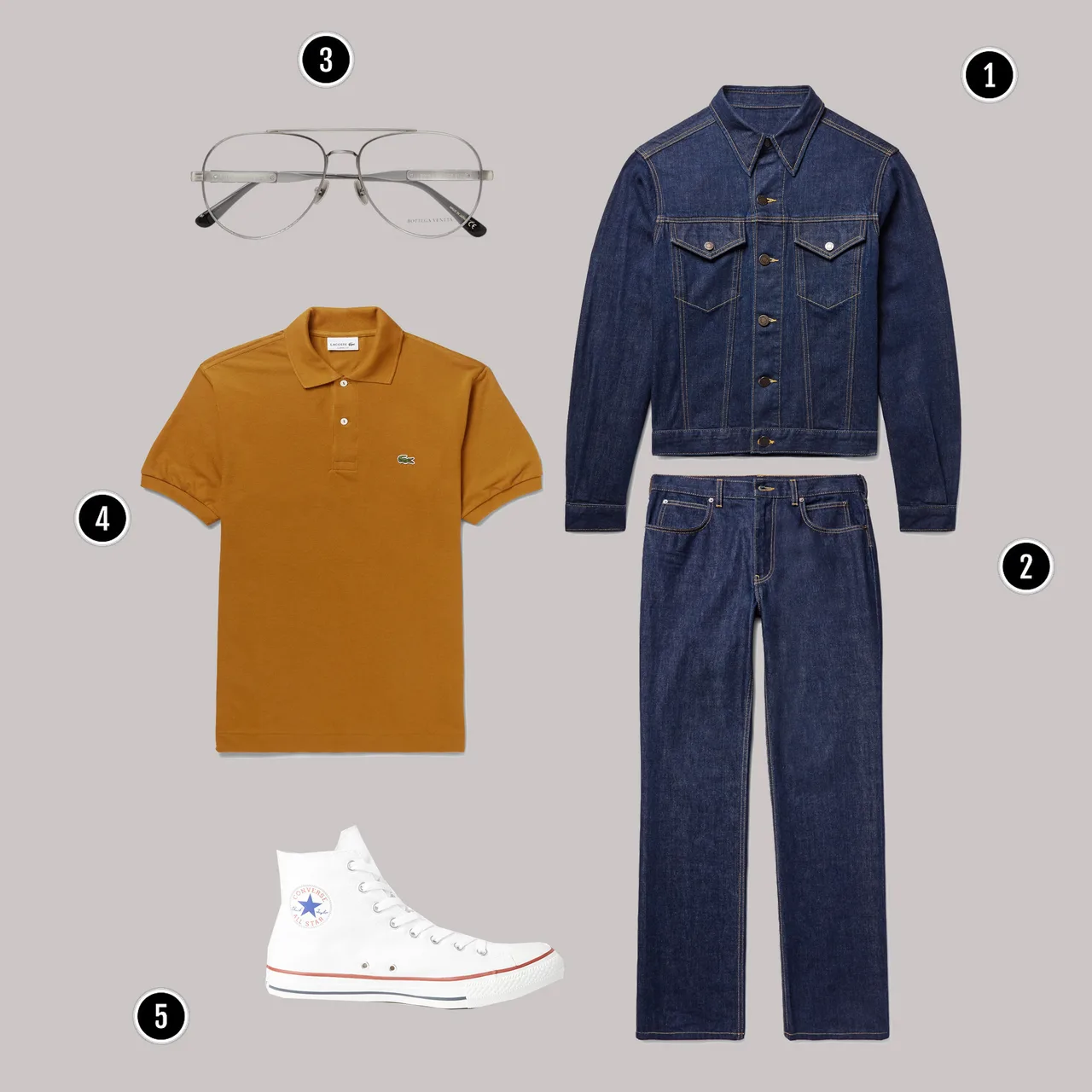 1. Áo: CK / 2. Quần: CK/ 3. Kính: Bottega Veneta / 4. Áo: Lacoste / 5. Giày: Converse