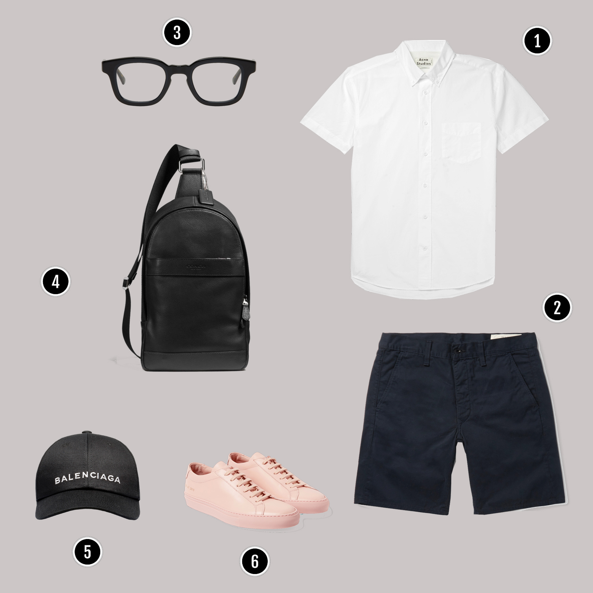 1. Áo sơmi : Acne / 2. Quần: Rag&Bone / 3. Kính : Eyevan 7285 / 4. Túi : Coach / 5. Mũ : Balenciaga / 6. Giày : Common Project