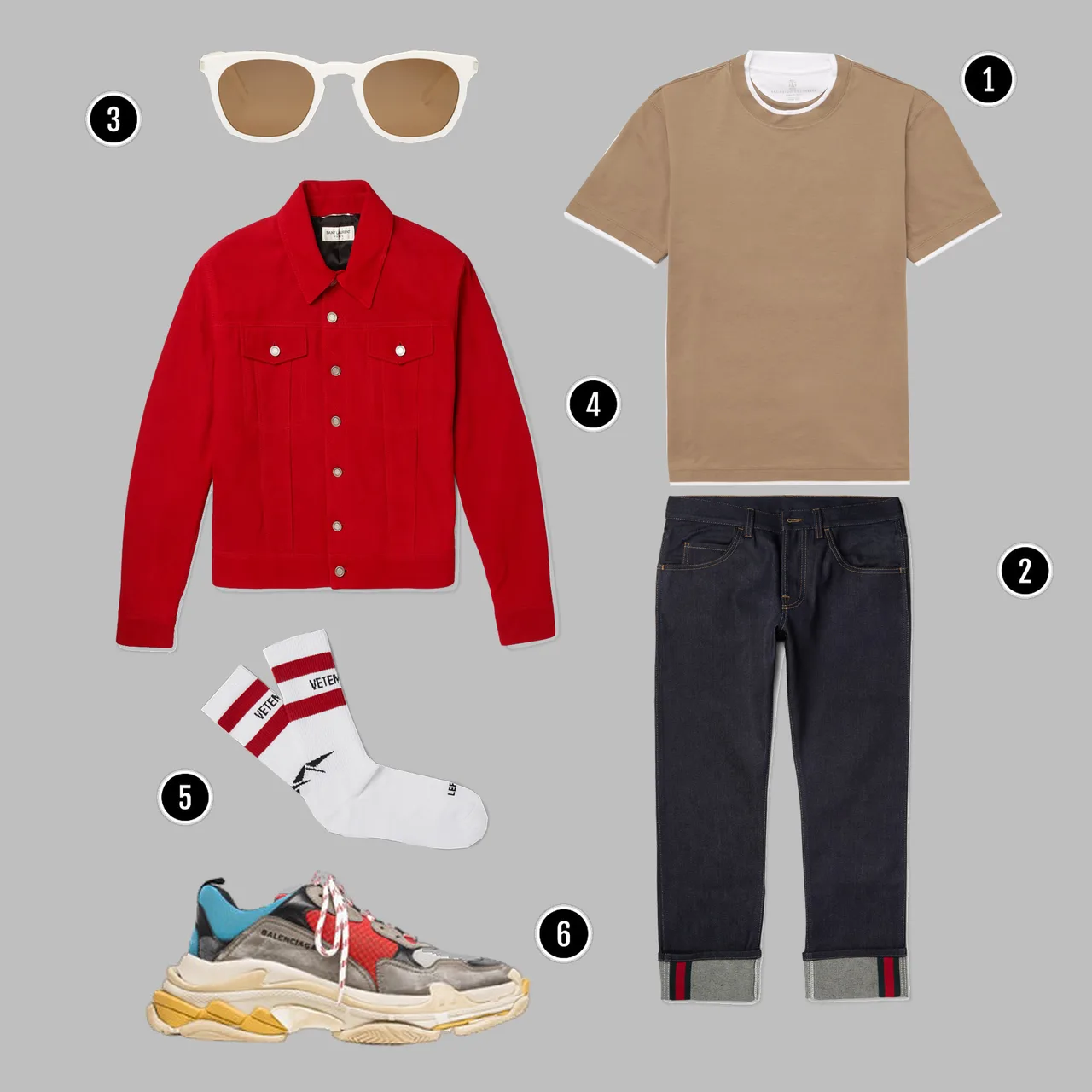 1. Áo: BRUNELLO CUCINELLI / 2. Quần: Gucci / 3. Kính: YSL / 4. Áo: YSL / 5. Tất: Vetement/ 6. Giày: COS