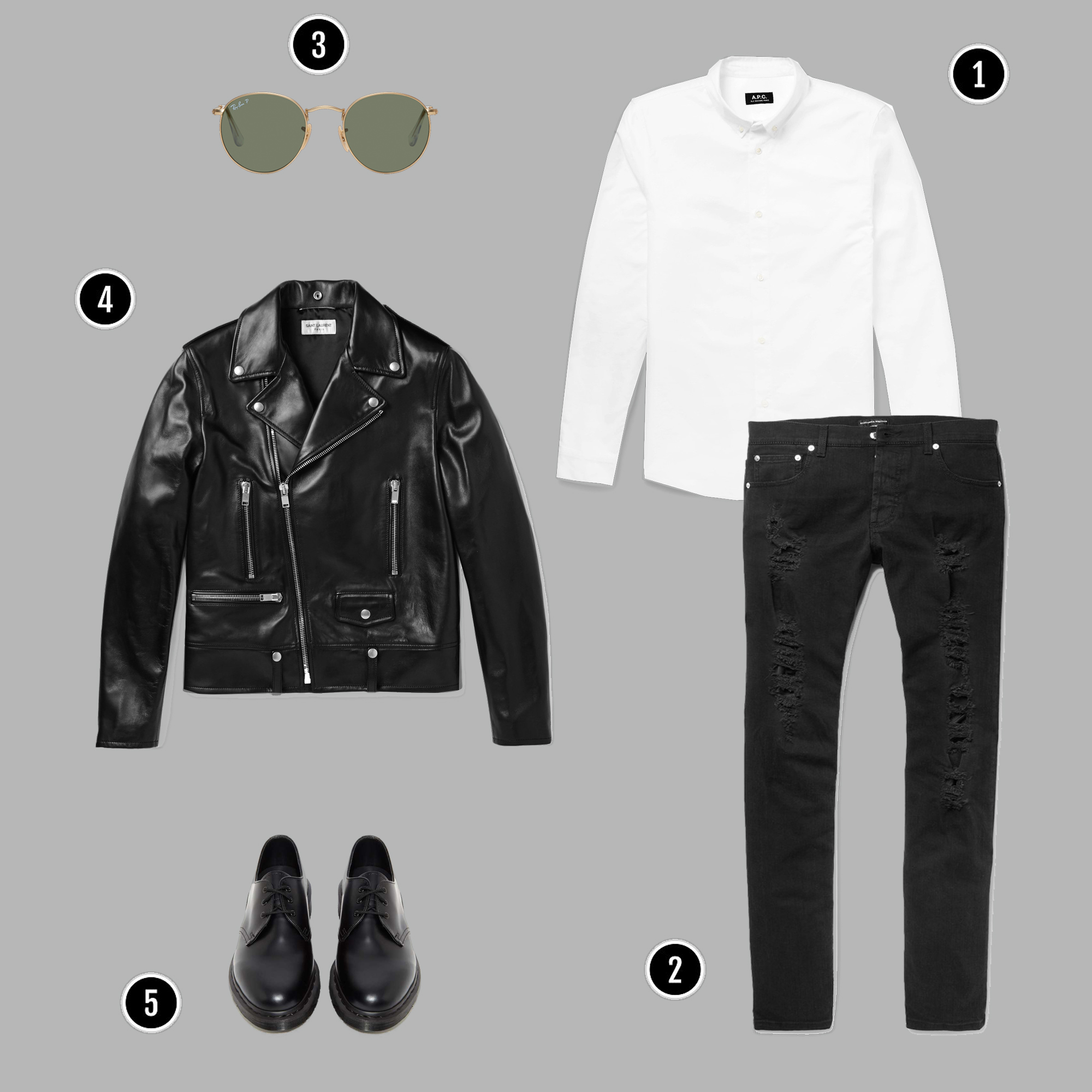 1. Áo sơmi : APC / 2. Quần: Alexander Mcqueen / 3. Kính : Rayban / 4. Áo: YSL / 5. Giày : Dr. Martens