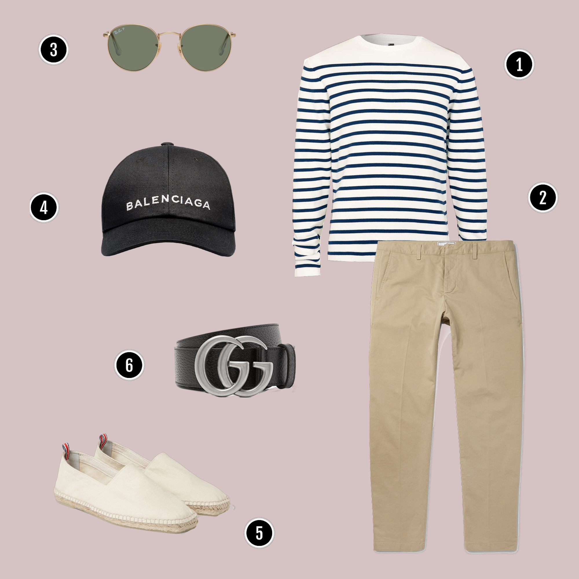 1. Áo: Topman / 2. Quần: AMI / 3. Kính: Rayban / 4. Mũ: Balenciaga / 5. Giày: CASTAÑER / 6. Nịch: Gucci