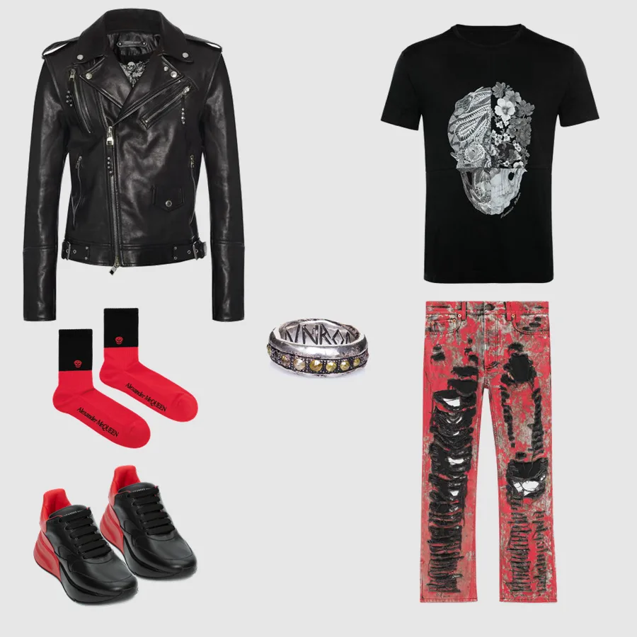 Áo phông, áo khoác, giày, vớ: Alexander McQueen Quần: Gucci Phụ kiện: Rick Owens