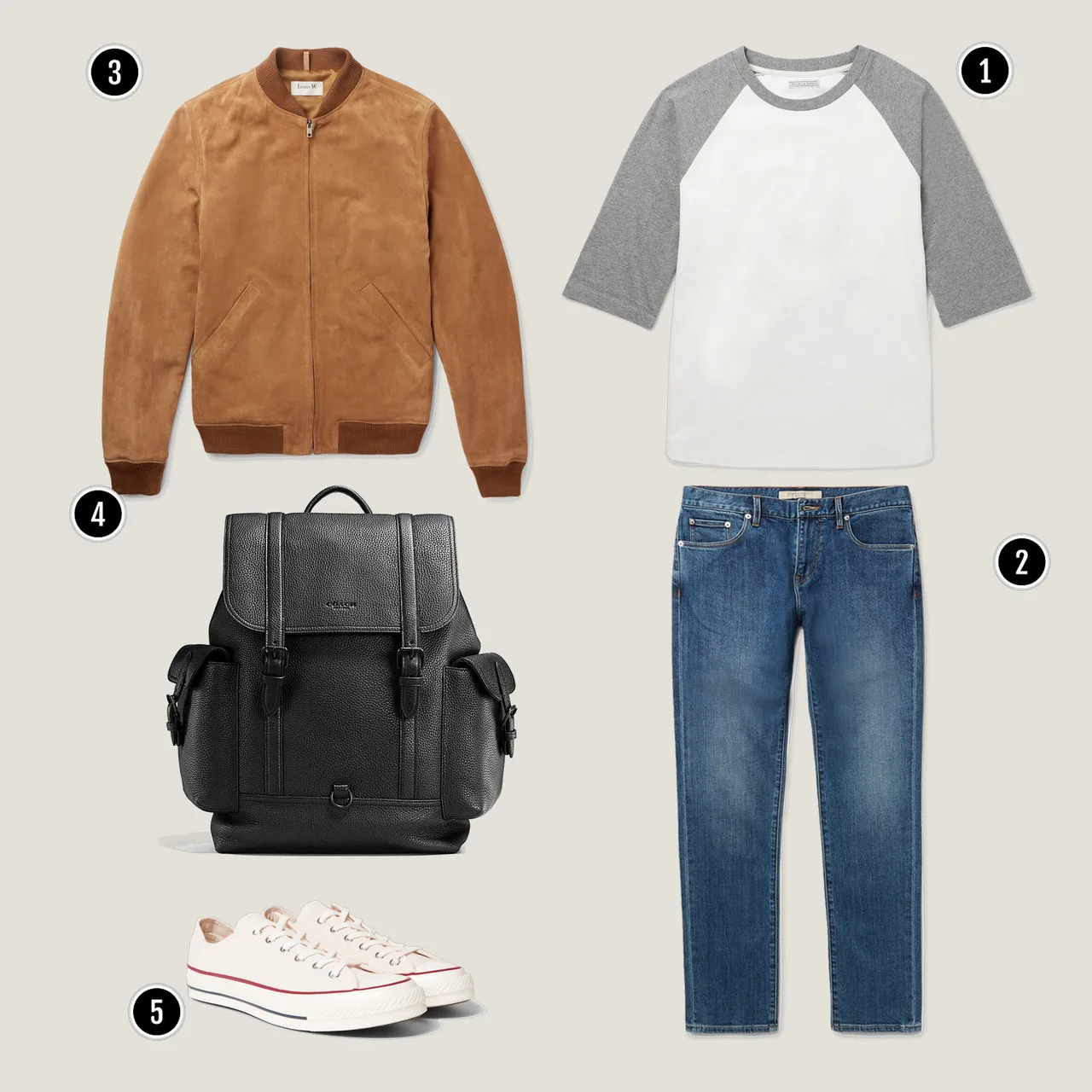 1. Áo: J.CREW / 2. Quần: Burberry / 3. Áo: APC / 4. Túi: Coach / 5. Giày: Converse