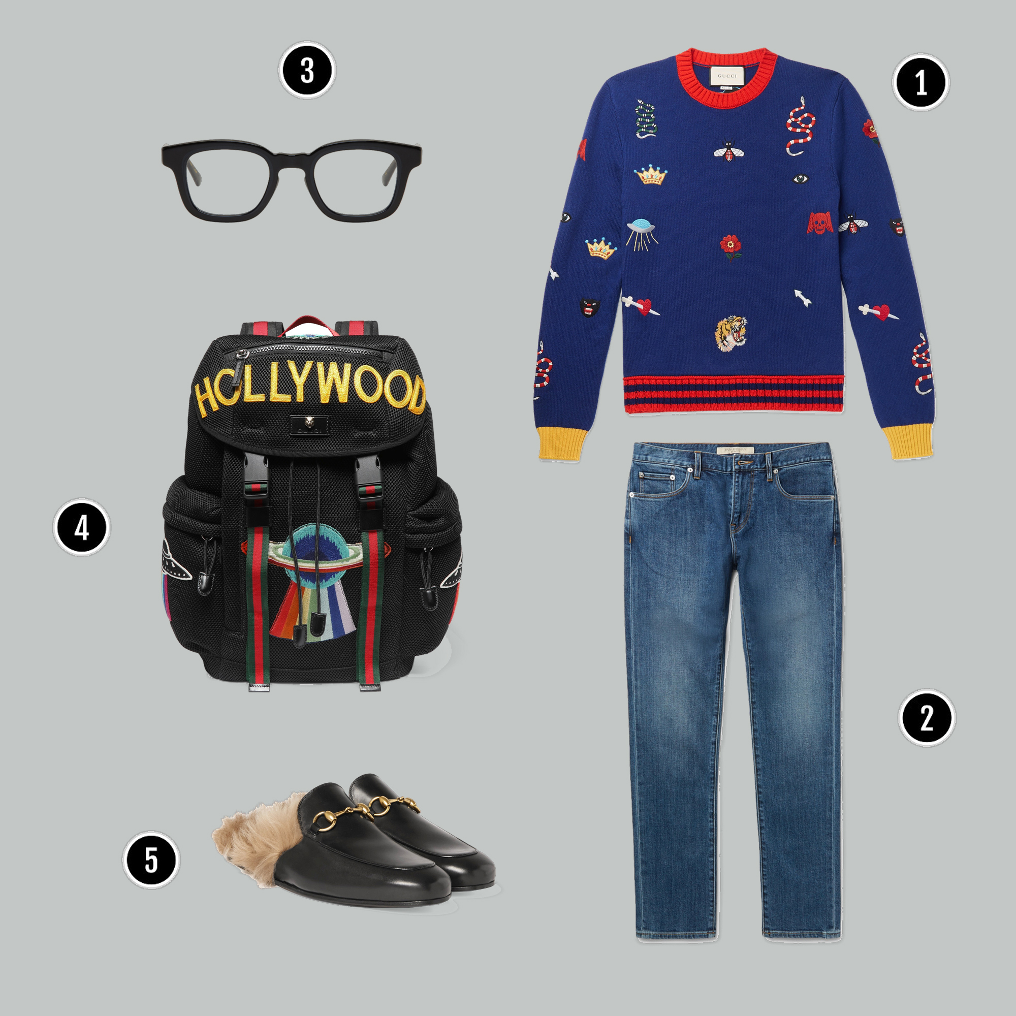 1. Áo: Gucci / 2. Quần: Burberry / 3. Kính: Eyevan 2785 / 4. Túi: Gucci / 5. Giày: Gucci
