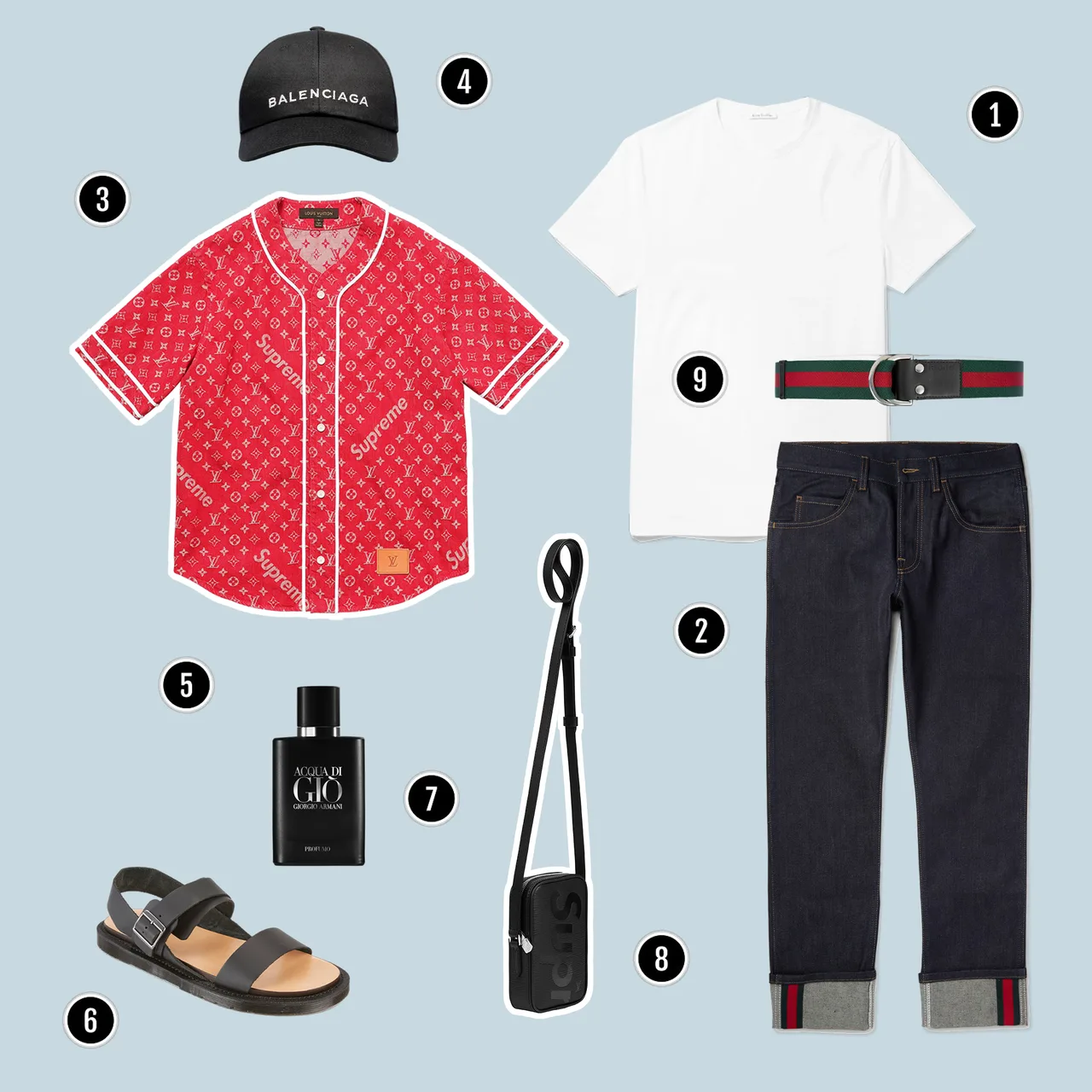 1.Áo : Acne Studios / 2. Quần: Gucci / 3. Áo bóng chày : Louis Vuitton x Supreme / 4. Mũ : Balenciaga / 5. Nước hoa : Armani / 6. Sandals : Dr Martens / 7. Túi : Louis Vuitton x Supreme / 8. Nịch : Gucci