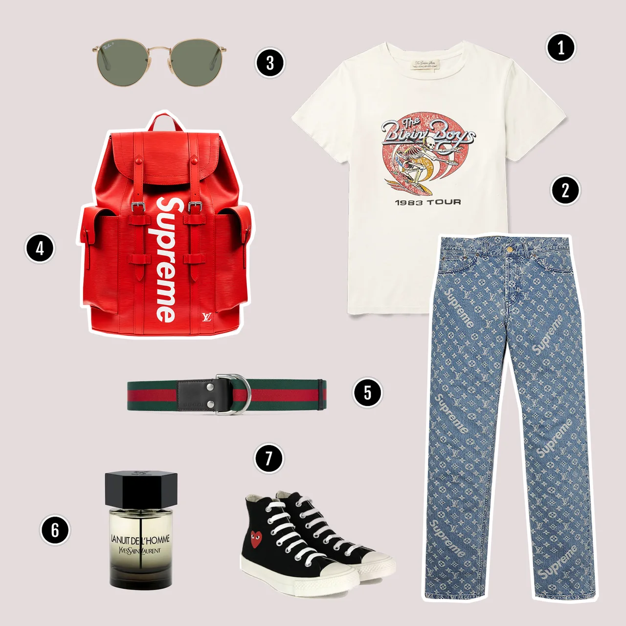 1.Áo thun : REMI RELIEF / 2.Quần : Louis Vuitton x Supreme / 3.Kính : Rayban / 4.Túi backpack : Louis Vuitton x Supreme/ 5.Nịch : Gucci / 6.Nước hoa : Yves Saint Laurent / 7.Sneakers : Comme Des Garcon