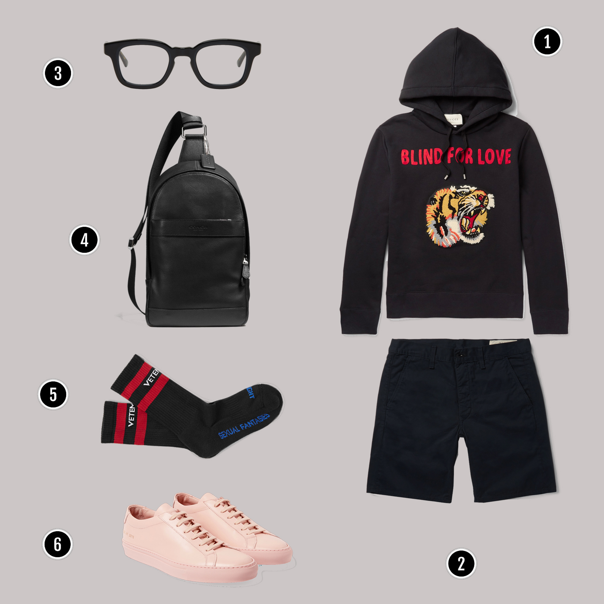 1. Áo: Gucci / 2. Quần: Rag&Bone/ 3. Kính: Eyevan 2785 / 4. Túi: Coach / 5. Vớ: Gucci/ 6. Giày: Common Project