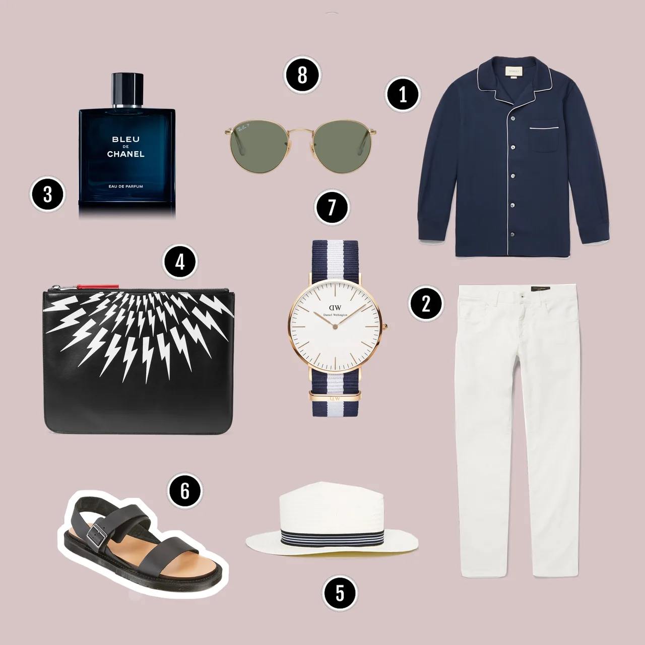 1.Áo : Gucci / 2.Quần : D&G / 3.Nước hoa : Chanel / 4.Túi : NEIL BARRETT / 5.Nón : Asos / 6.Sandals : Dr. Martens / 7.Đồng hồ : DW / 8.Kính : Rayban