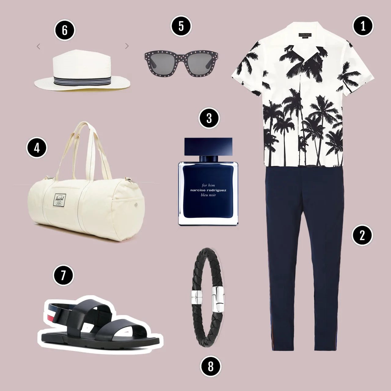 1.Áo : Zara / 2.Quần : Acne Studios / 3.Nước hoa : Narciso Bleu Noir / 4.Túi : Herchel / 5.Kính : Saint Laurent / 6.Nón : Asos / 7.Sandals : Thom Browne / 8.Vòng tay : BOTTEGA