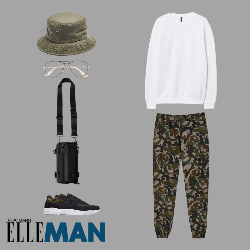 thời trang quân đội áo sweater trắng quần camo nón bucket xanh