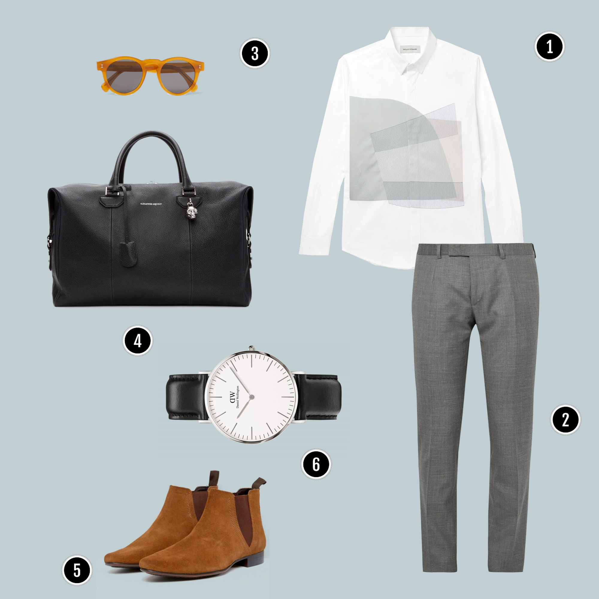 1. Áo sơmi : SOLID HOMME/ 2. Quần: Fendi / 3. Kính : ILLESTEVA /4. Túi: Alexander Mcqueen / 5. Giày : Asos / 6. Đồng Hồ : Dw