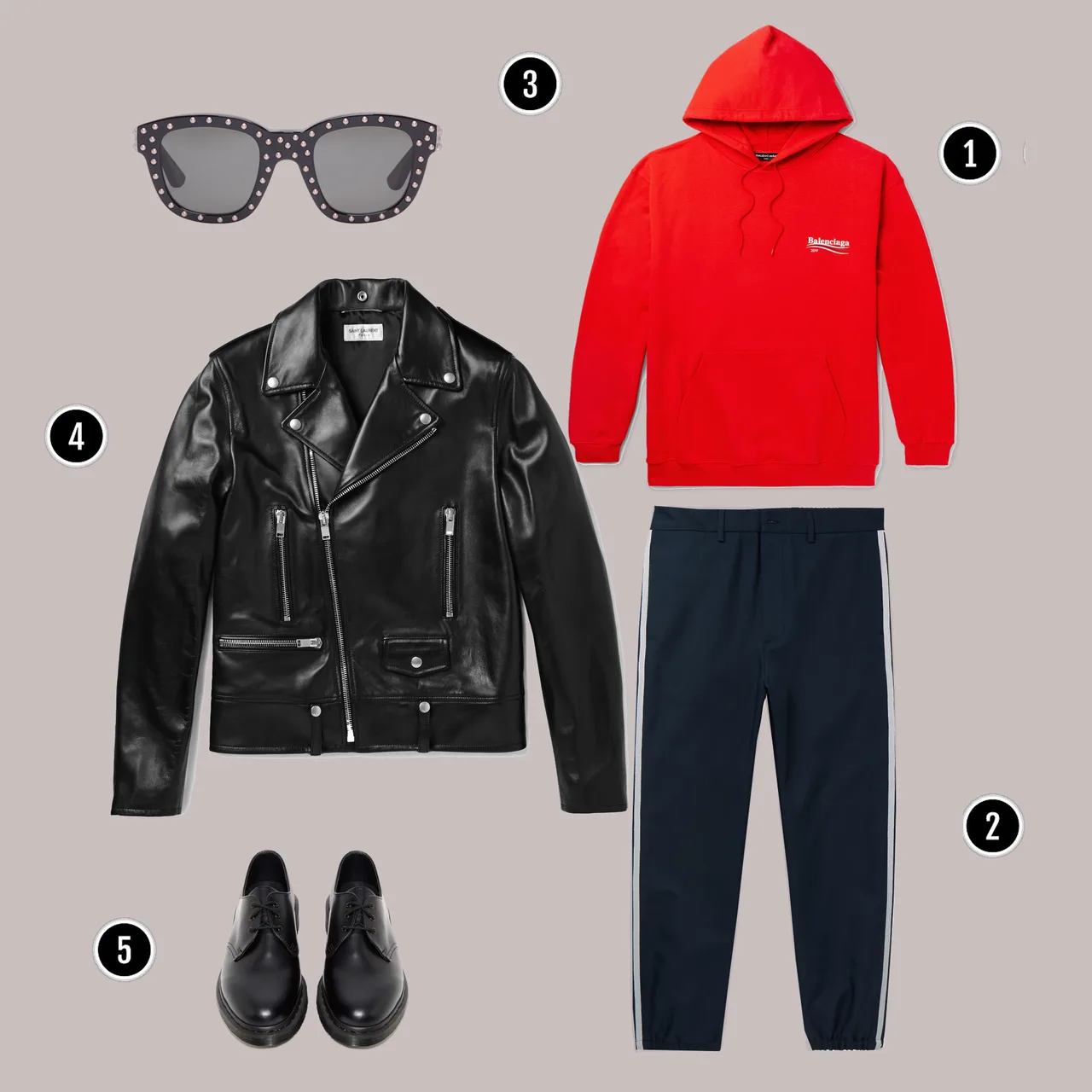 1. Áo: Balenciaga / 2. Quần: Gucci / 3. Kính: YSL / 4. Áo: YSL / 5. Giày: Dr martens