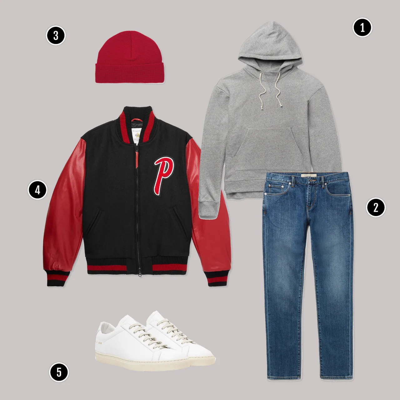 1. Áo: John Elliot / 2. Quần: Burberry / 3. Mũ: AMI / 4. Áo: Kingsman / 5. Giày: Common project
