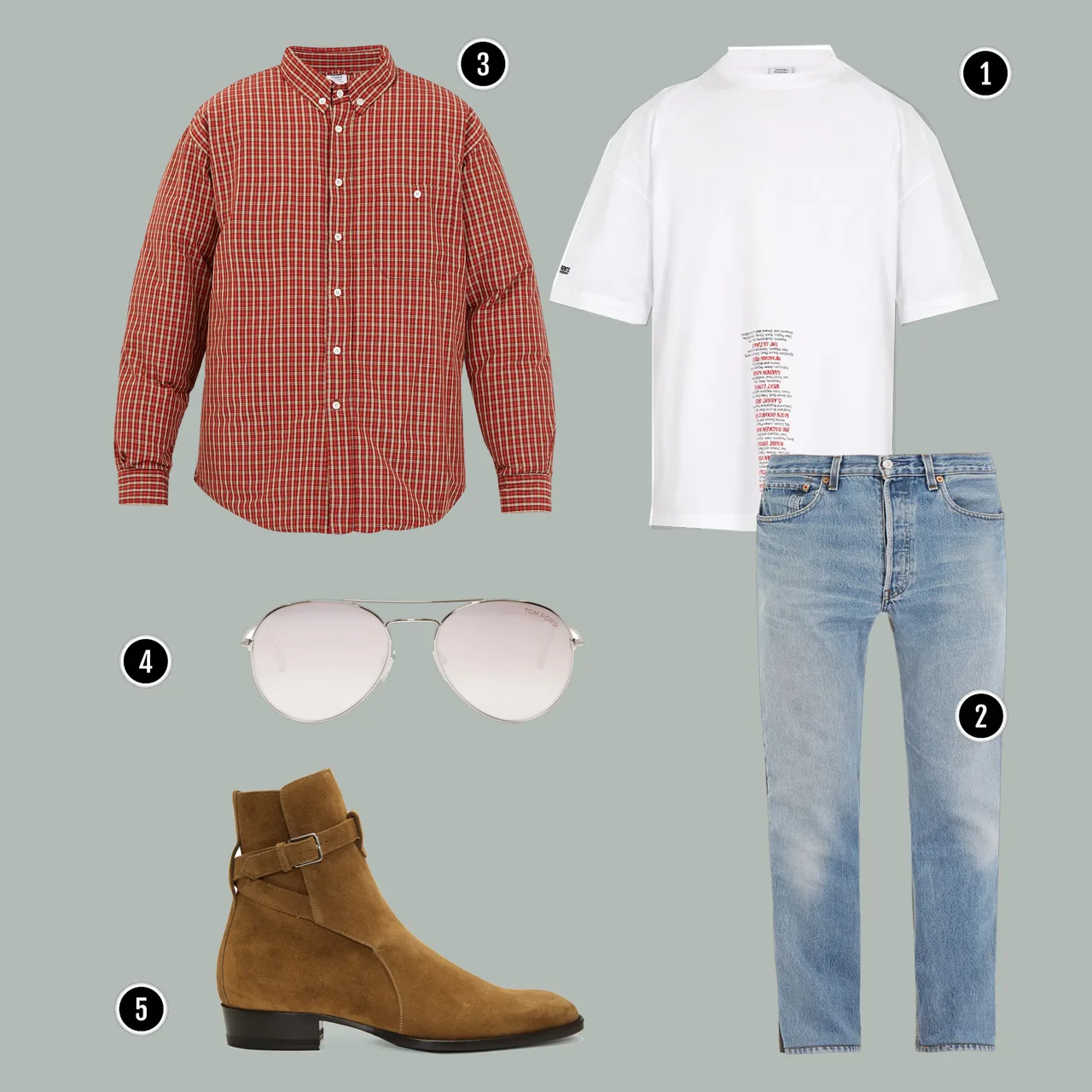 1. Áo: Vetements/ 2. Quần: Vetements / 3. Áo: Vetements / 4. Kính: Tom Ford / 5. Giày: YSL