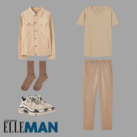 phối đồ gam màu beige áo thun áo khoác jean quần chinos