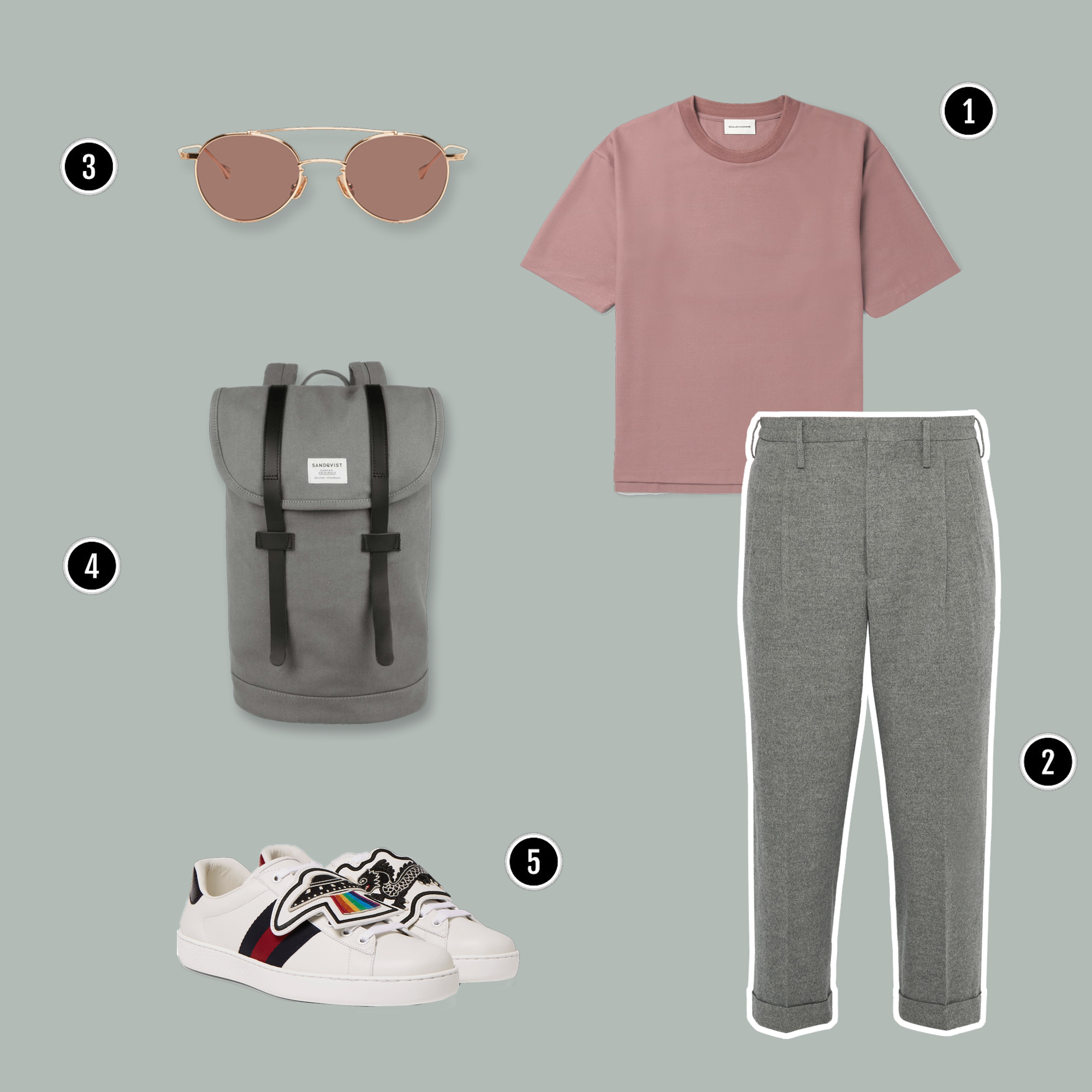 1. Áo: Solid Homme / 2. Quần: Visvim / 3. Kính: Native Sons/ 4. Túi : Herchel / 5. Giày : Gucci